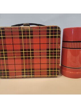 Vtg~King Seeley~Metal~Lunch Box & Grant Maid Thermos~Plaid~Garbage Pail Stickers